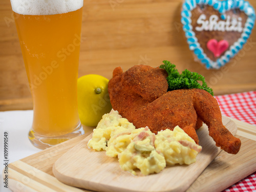 Halbes Backhähnchen mit Kartoffelsalat und Weißbier photo