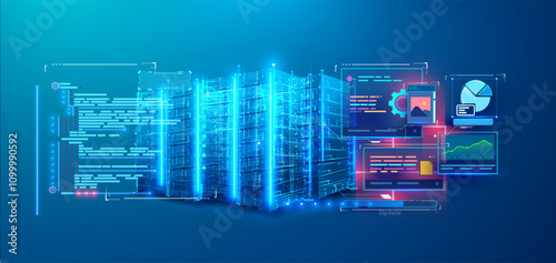High-tech visualization of a data server or cloud datacenter in glowing blue hues with interactive futuristic interface elements showing graphs, charts, and coding on a clean gradient background.