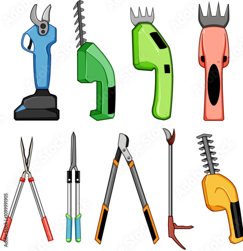 tree trimmer set cartoon. saw hedge, foliage canopy, trimming maintenance tree trimmer sign. isolated symbol vector illustration