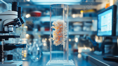 A sample of coral inside a glass tube for experimental research in high-tech laboratory. Marine research and coral preservation,