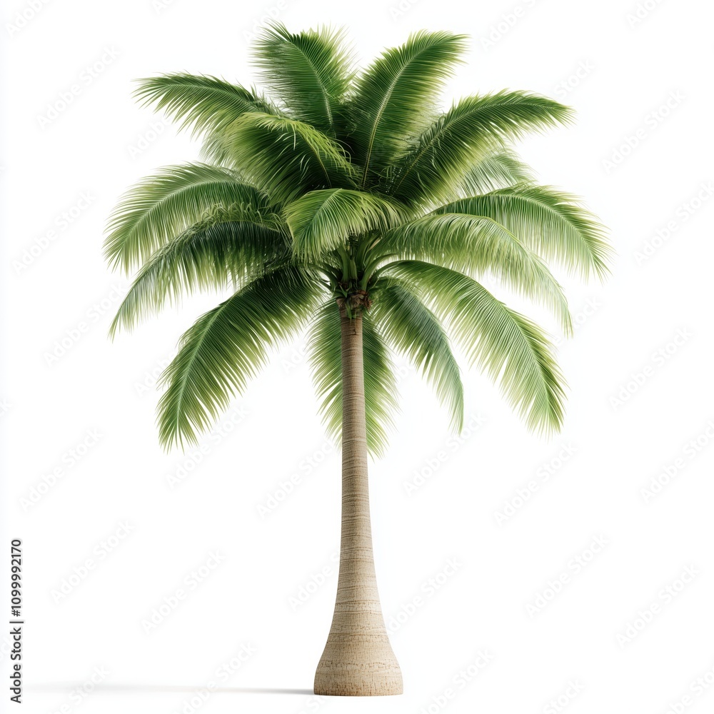 Obraz premium Tropical palm tree with vibrant greenery and soft shading set against a clean white background