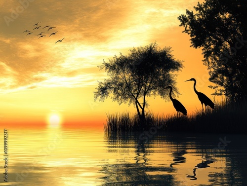 Golden Sunset Silhouette Of Birds And Trees By Water photo