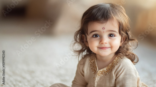 portrait of little indian baby in beige clothes sitting on carpet against light beige room background, cute child, infant, hindu kid with bandi on forehead, india photo