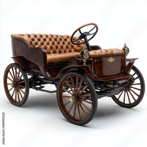 This vintage horse-drawn carriage features an elegant design with leather seats and classic wheels