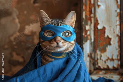 A tabby cat, superherocostumed, gazes intensely from within a blue cape. photo