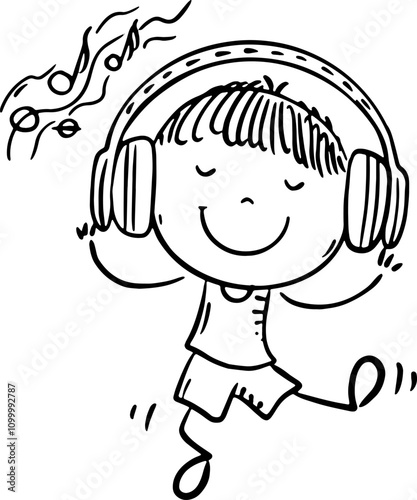 Outline cartoon girl listen to music and dancing, kid using headset, doodle child and electronic device, digital technology