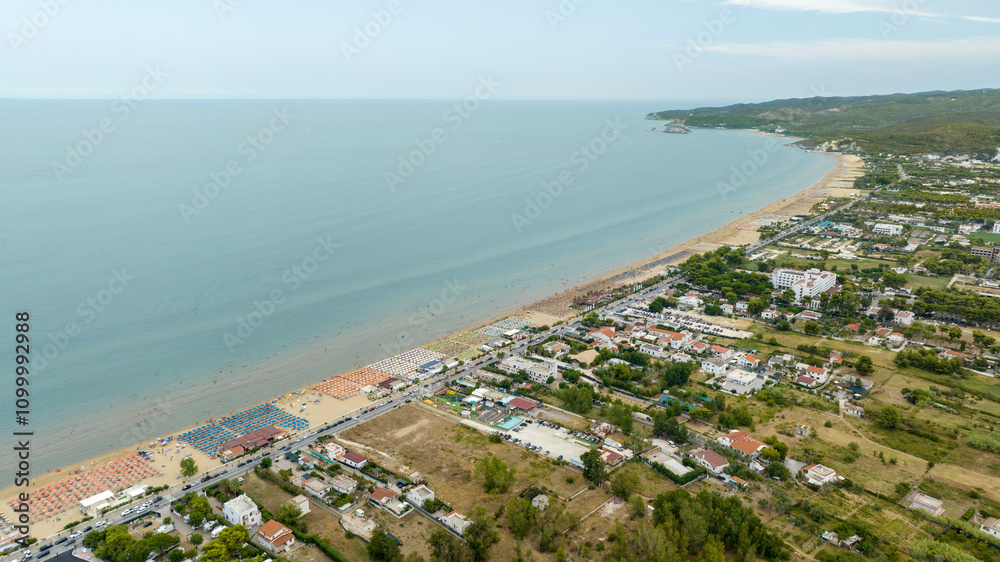 Obraz premium Aerial view of the long beach of Vieste, a tourist destination of Gargano, in the province of Foggia, Puglia, Italy.