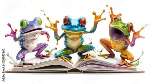 Frogs moving from one page to another as if flipping through a book photo