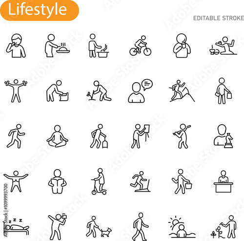 Daily Lifestyle Activities Icons of Routine, Work, and Leisure