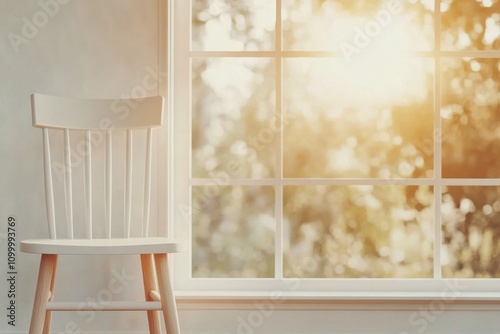 White wooden chair beside a large window in a green room setting