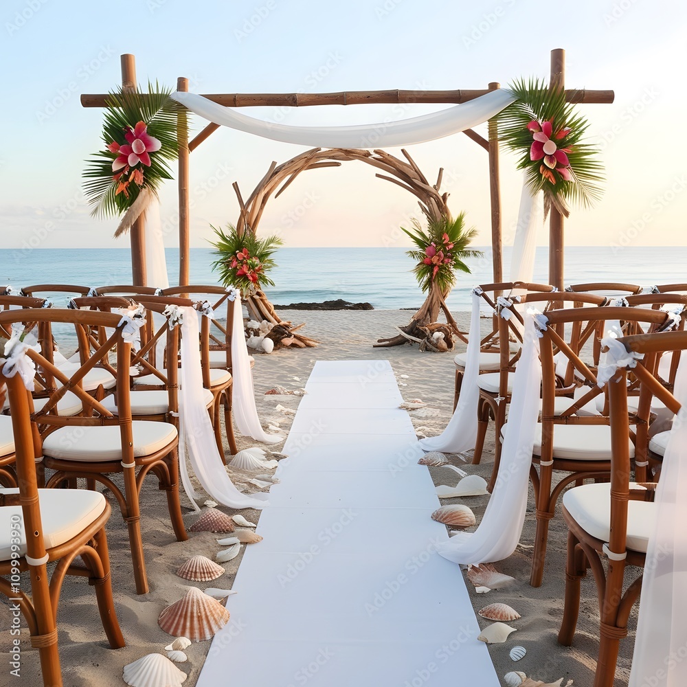 Fototapeta premium A dreamy beach wedding setup with bamboo chairs, flowing white fabric, and seashell accents. 