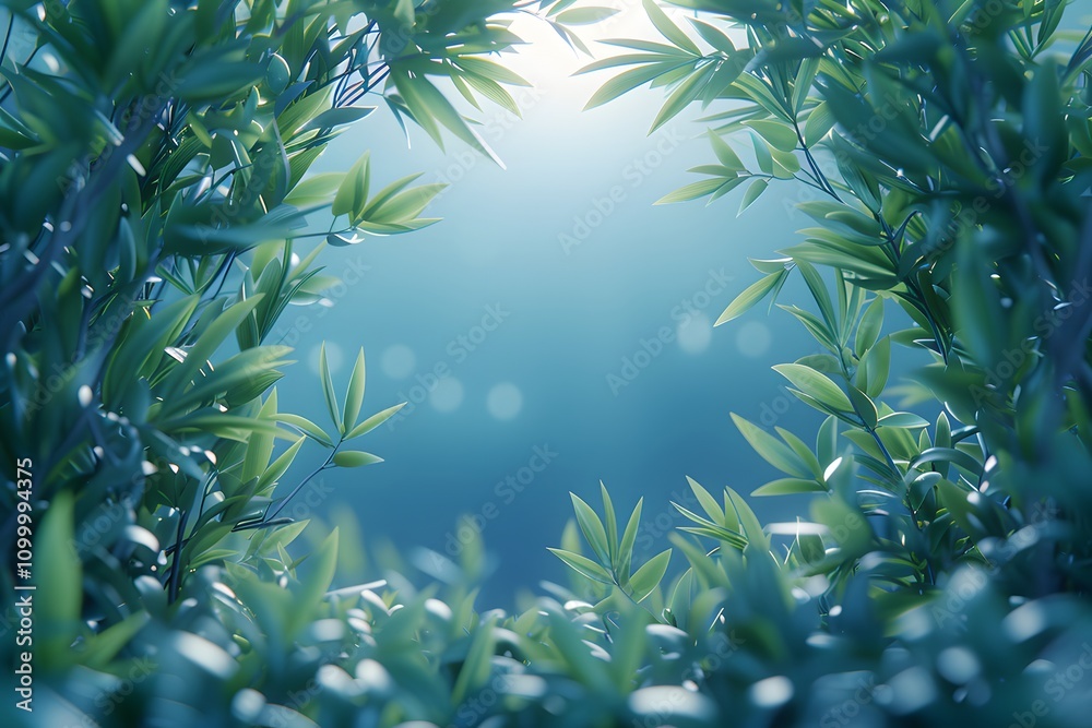 Naklejka premium Serene Greenery with Sunlight Through Bamboo Leaves for Nature Decor