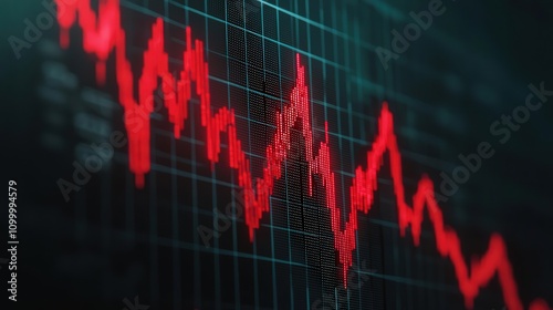 Declining financial chart with red downward arrows, economic recession theme, 3D illustration