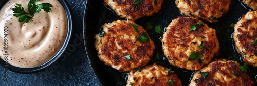 Appetizing crab cakes with sauce Deliciously seasoned arranged in a skillet, served