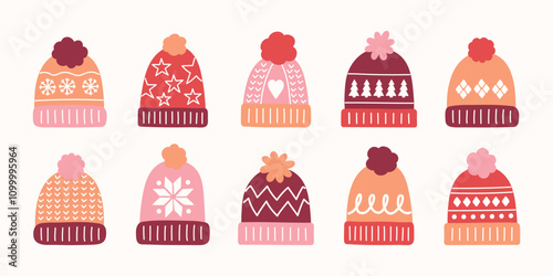 Collection of winter hats in cartoon style. Vector illustration