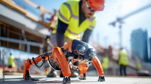 Advanced robotic exoskeleton assisting workers in carrying heavy construction materials on a smart city project.