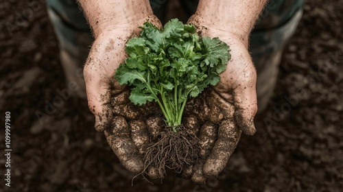 Hand holding freshly harvested vegetables with roots intact, surrounded by soft natural light and earthy tones. photo