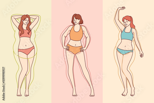 Woman transformation through losing excess weight and gaining built-in body after liposuction surgery. Getting rid of excess weight and belly fat or cellulite that spoils your appearance