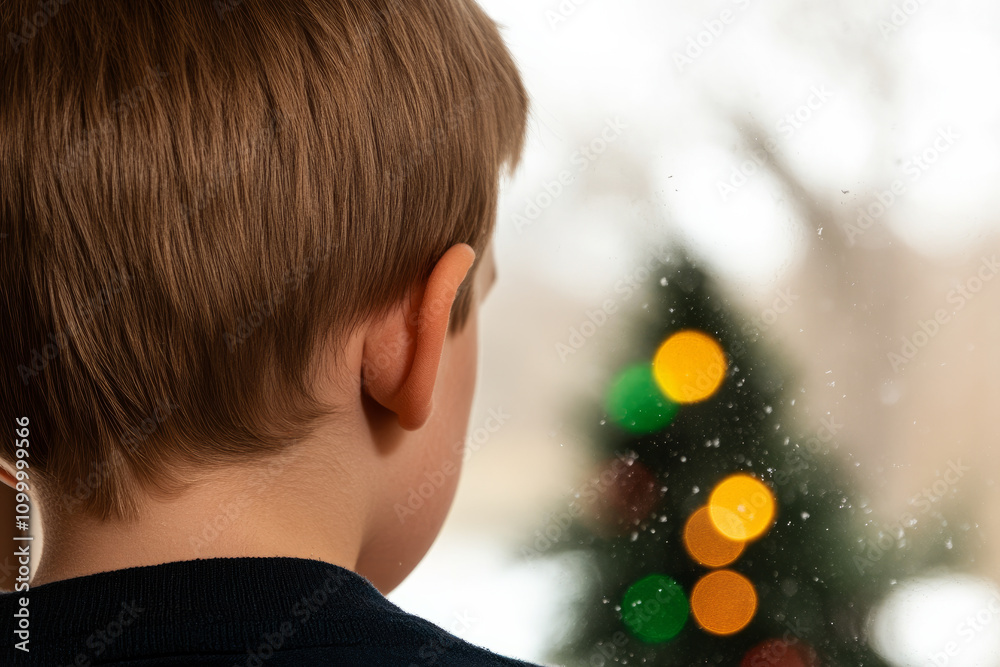 Φωτογραφία A boy with brown hair is looking at a Christmas tree