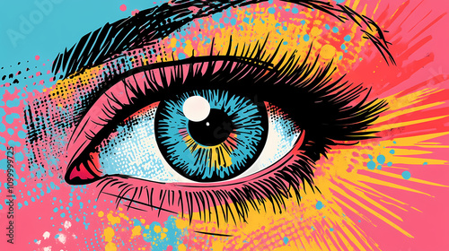 Art drawing of human eye, pop art style. concepts: emotions, ophthalmology, medicine, vision. Popart. Illustration photo