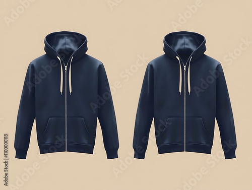 Midnight Navy Hoodie with Zipper Front and Back on a Neutral Beige Background