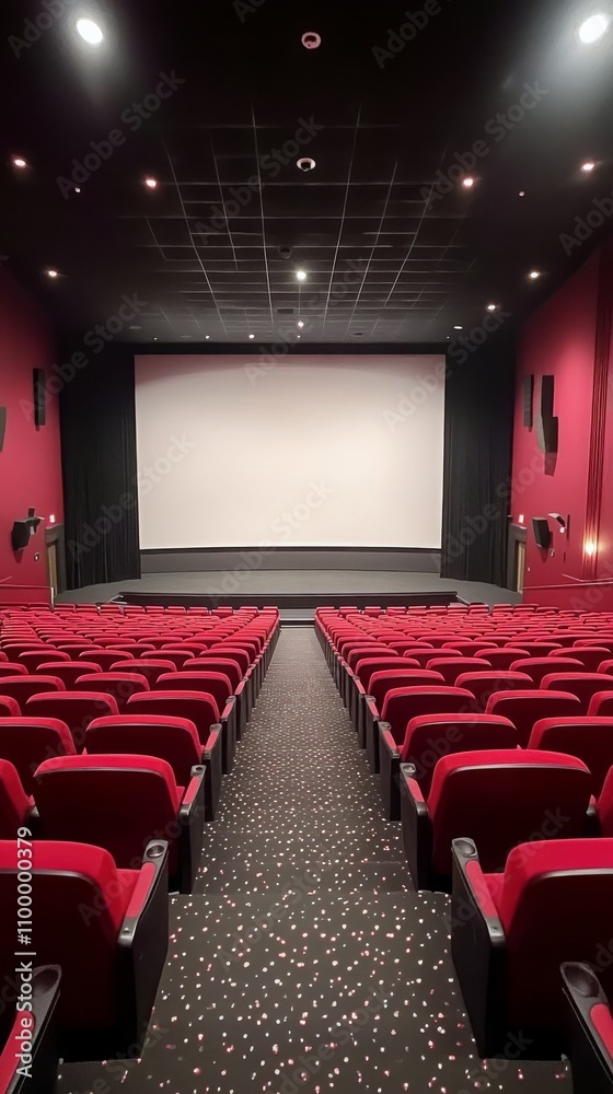 Fototapeta premium Rows of empty red theater seats leading to a blank screen in a modern cinema