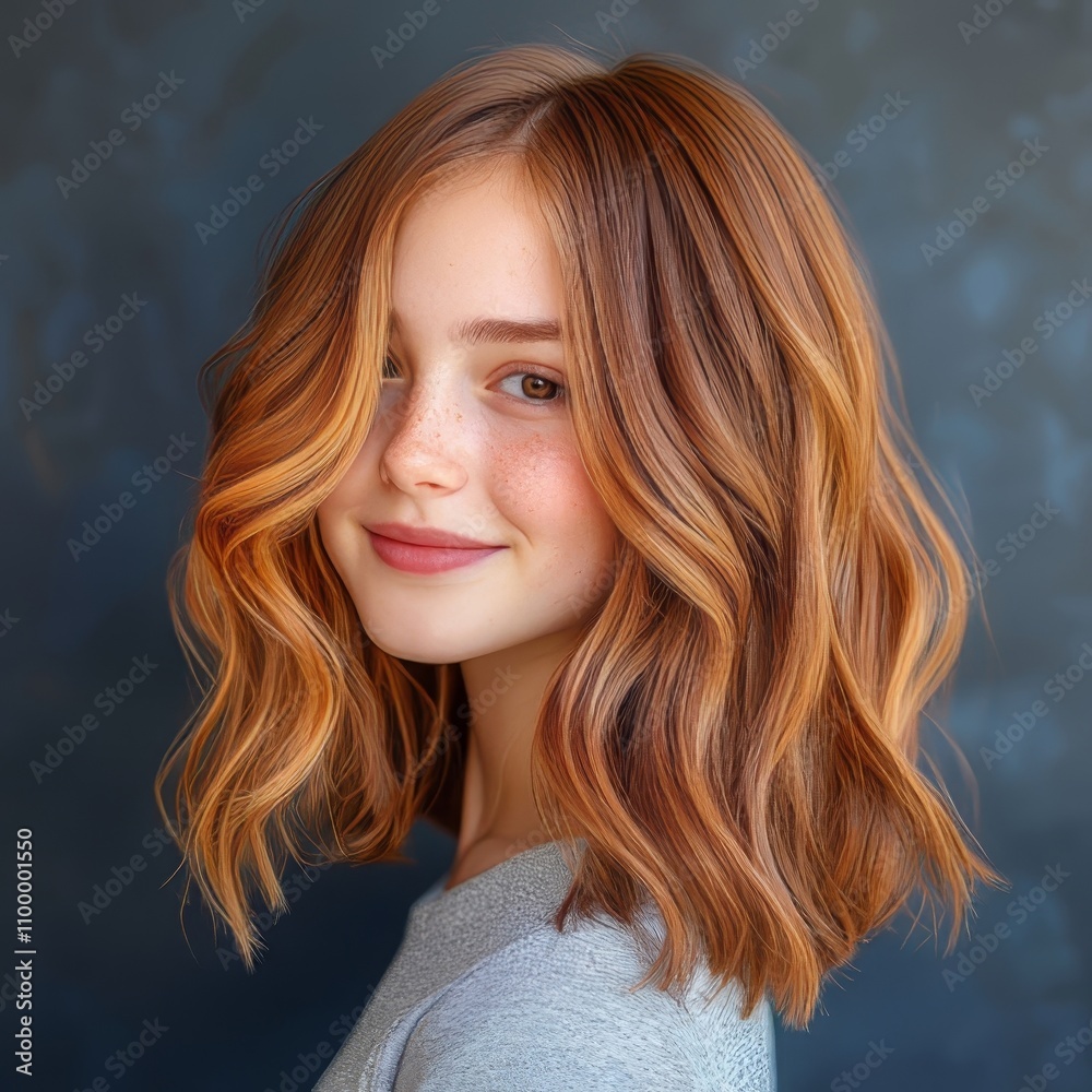 Naklejka premium A cheerful woman with red hair in a grey shirt is smiling