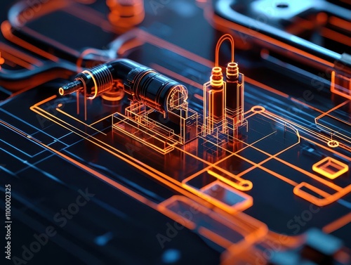 Obraz na płótnie Microcontrollerbased system, futuristic engineering blueprint, 3D illustration