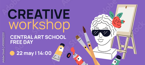 Art workshop invitation. Artistic course announcement. Creative painting classes or exhibition poster template. Plaster sculpture head. Paint palette and easel Garish vector banner