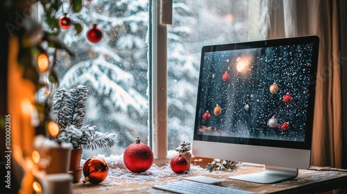 Cozy winter workspace with Christmas decorations and snow outside the window.