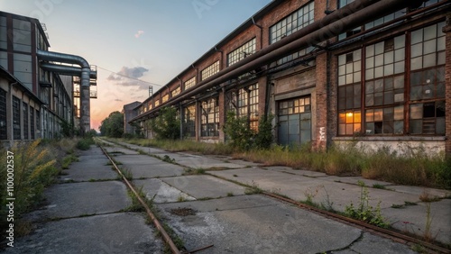 Deserted industrial facility with rusted pipes and overgrown grass photo