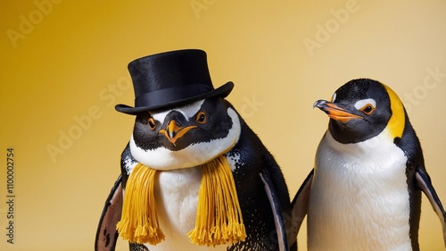 Penguin in a top hat isolate on a plain colored background. place for text, announcement, announcement, invitation, advertising photo