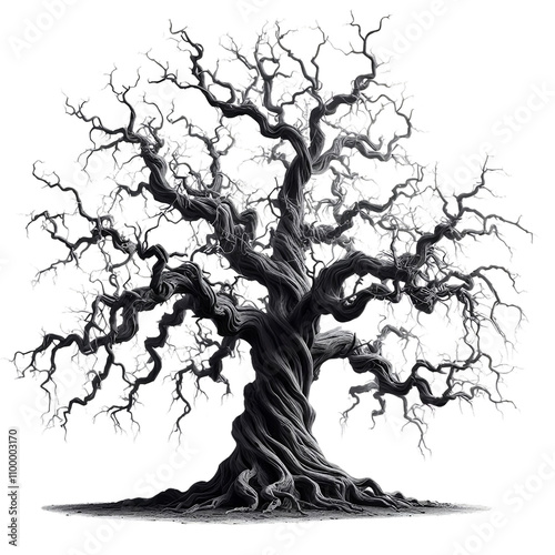 Intricate Black and White Tree Illustration with Twisted Branches and Gnarled Roots
