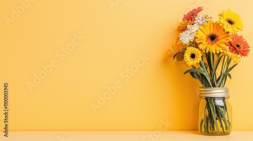 Vibrant Bouquet of Bright Flowers Arranged in Glass Vase on Yellow Background with Copyspace photo