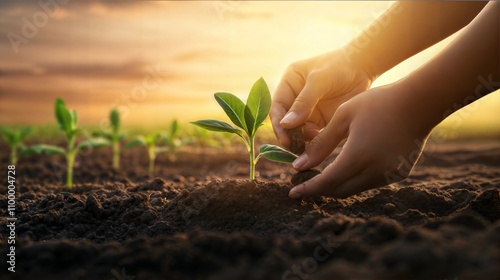 Farmer Planting Seedling in Soil - Cultivating Growth for Sustainability and Agriculture photo
