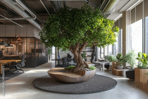 open office space designed with biophilic principles, featuring a large indoor tree, natural textures, and organic shapes, minimal background with copy space 