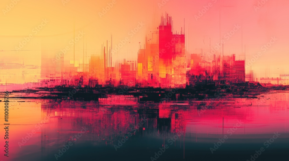 Naklejka premium Abstract Pixelated Shapes with Glitch Effects in a Digital Landscape, Capturing Vibrant Colors and Textures for Modern Artistic Creations and Visual Media