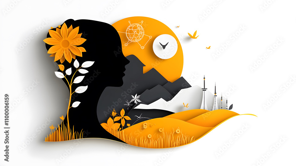 Naklejka premium Papercut silhouette of a woman holding a globe with icons of science, symbolizing global innovation