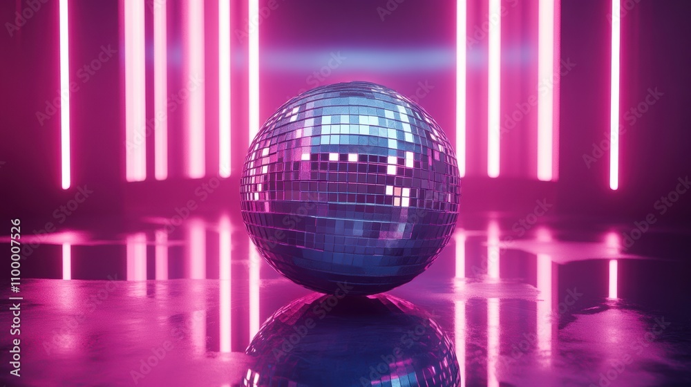 Fototapeta premium Minimalist silver disco ball with neon pink and blue lights