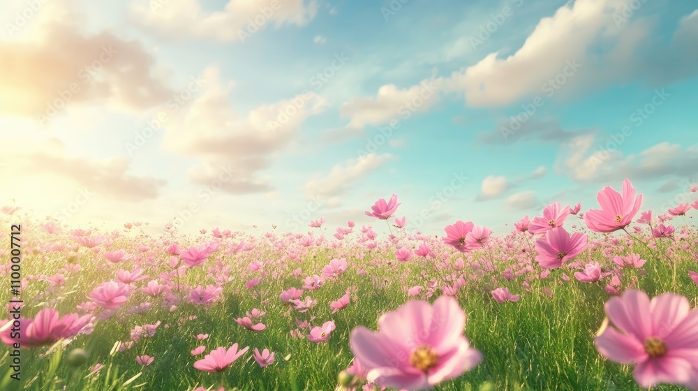 Φωτογραφία Vibrant Cosmos Flower Blooming in Garden with Pink Petals Against a Green Nature