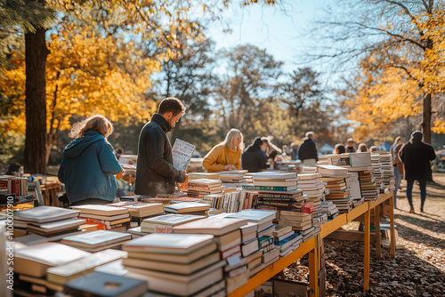 People browsing stacks of books at an outdoor book fair on a sunny autumn day, celebrating community, literature, and International Book Giving Day  
