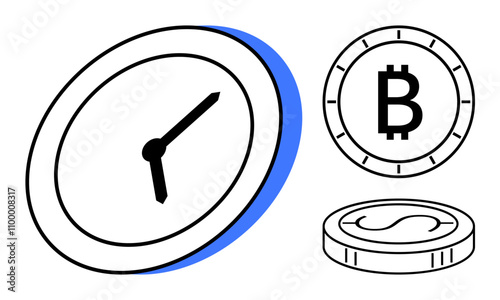 Clock signifying time management and two bitcoin coins representing cryptocurrency. Ideal for finance, investment, saving, time management, digital economy, fintech, and blockchain concepts. Line