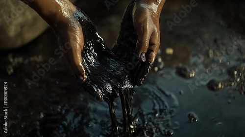 Hands holding black liquid, showcasing texture and movement in dark environment. scene captures essence of nature raw materials and their impact