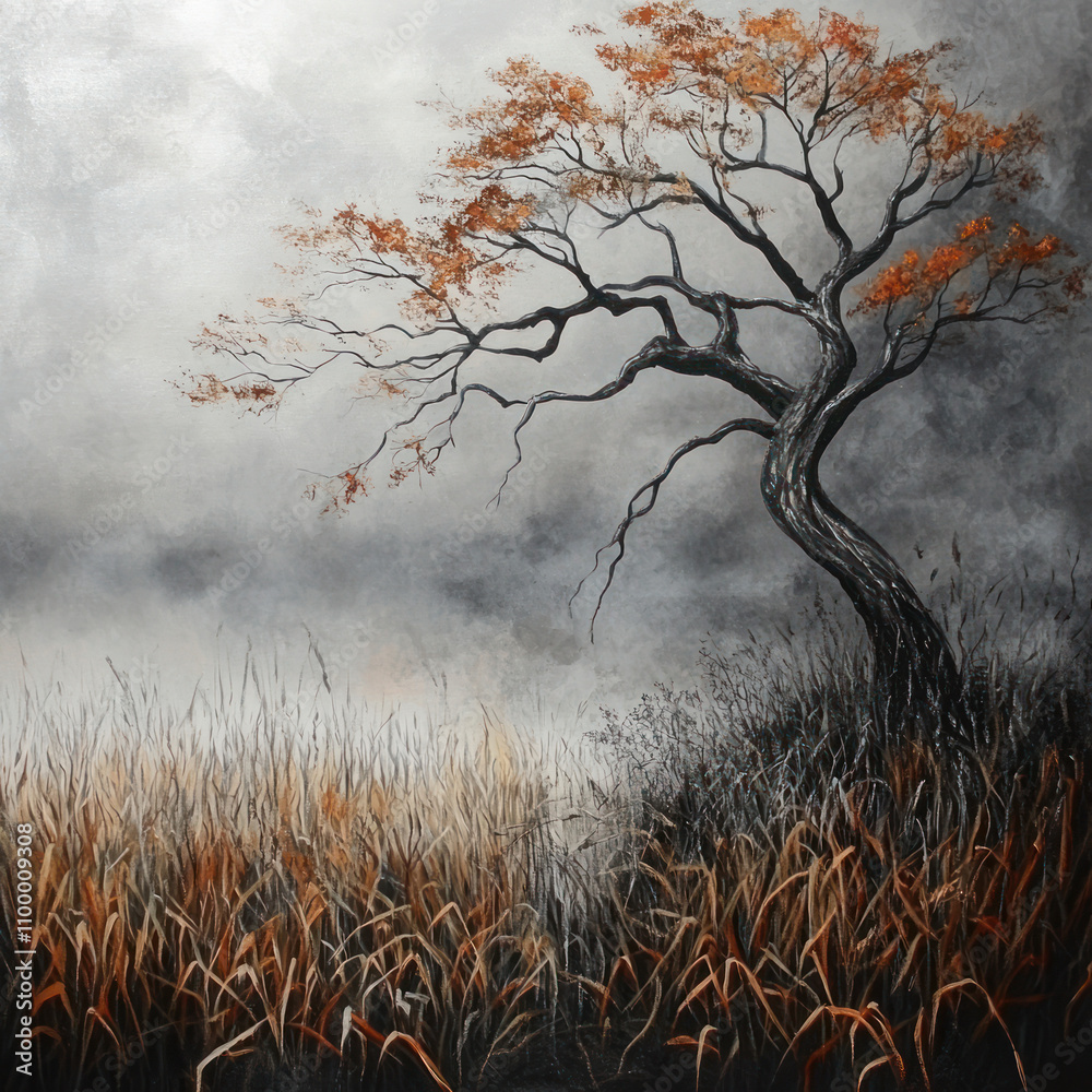 Fototapeta premium An artistic depiction of a tree with a curved trunk standing against a foggy landscape. 