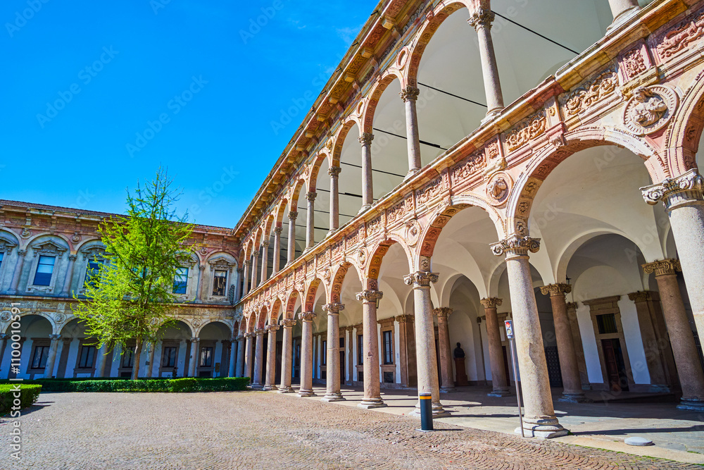 Arcades of Cortile d’Onore of the University of Milan’s Ca’ Granda complex, Italy