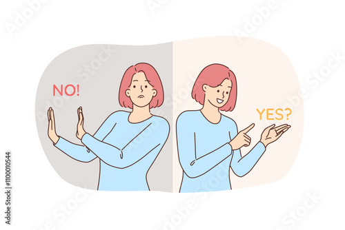 Women demonstrate agreement and negation by standing next to words yes or no, after hearing sentence