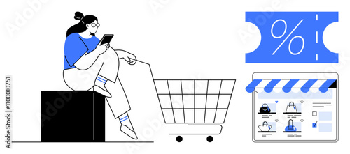 Woman using smartphone while sitting on a box next to shopping cart, discount ticket, and online store webpage. Ideal for e-commerce, online shopping, discounts, mobile apps, digital marketing