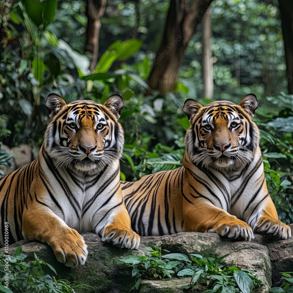 Obraz premium Asian tigers are resting in the natural forest.