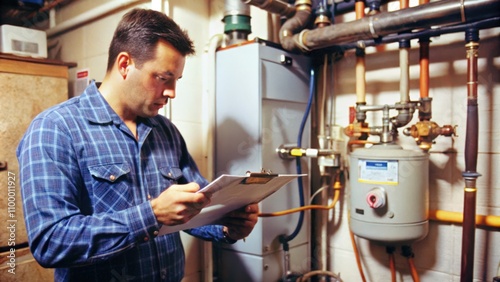 A Plumber Inspecting a Water Heater and Plumbing System