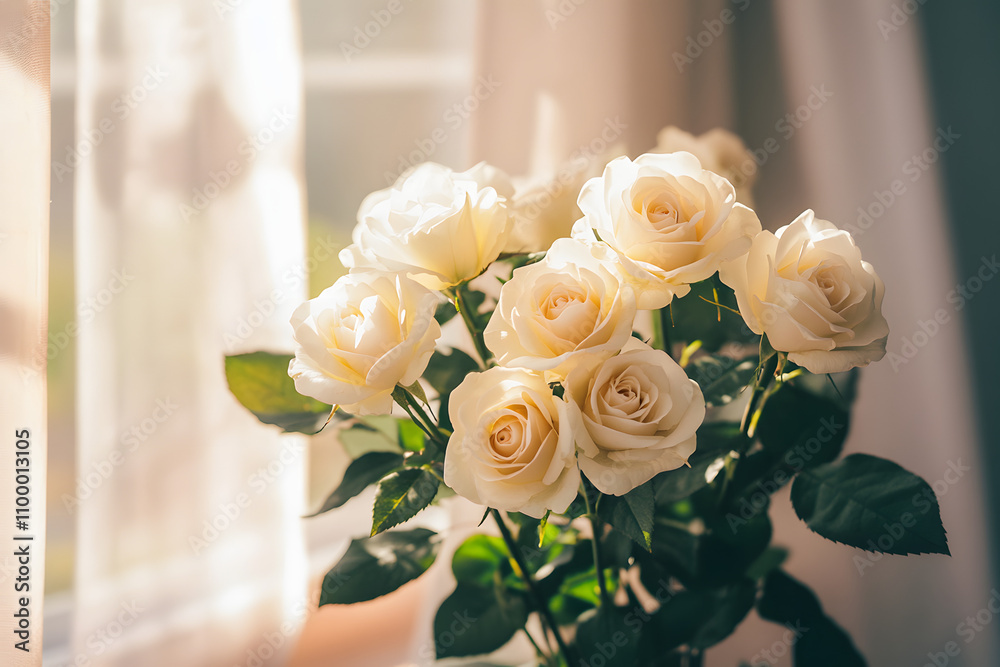 Obraz premium Closeup photo of a beautiful White Rose, plant with white flowers, romantic blossom